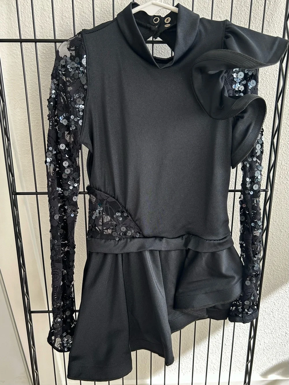Weissman Dance Costume Black Sequin-Sleeve Asymmetrical Biketard Size MC - 10/12